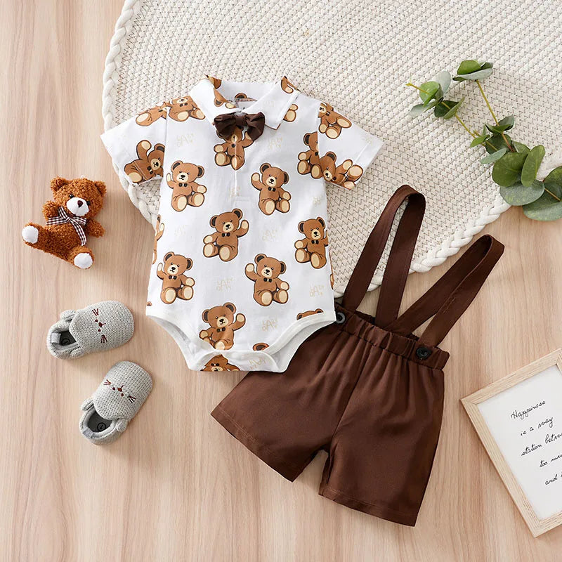 Bear Print Baby Summer Outfit Set with Short Sleeve Top (0–18M)    Mimou Babywear