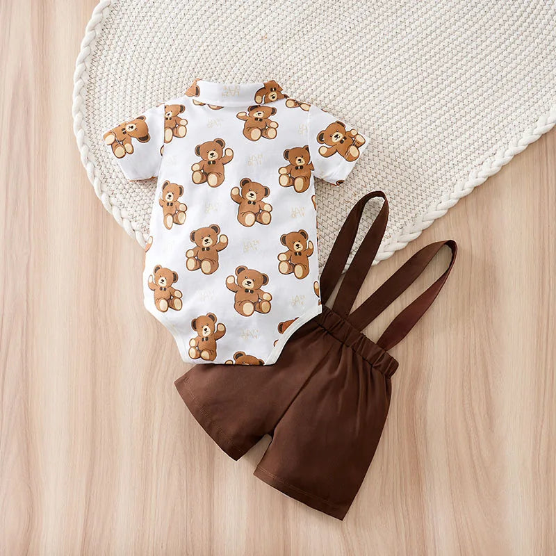 Bear Print Baby Summer Outfit Set with Short Sleeve Top (0–18M)    Mimou Babywear