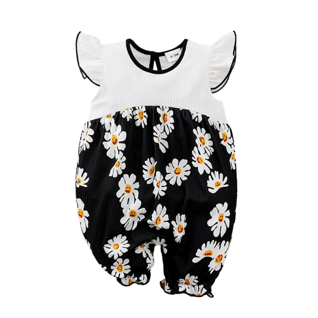 Black Daisy Baby Girl Sleeveless Romper (0–18M)    Mimou Babywear