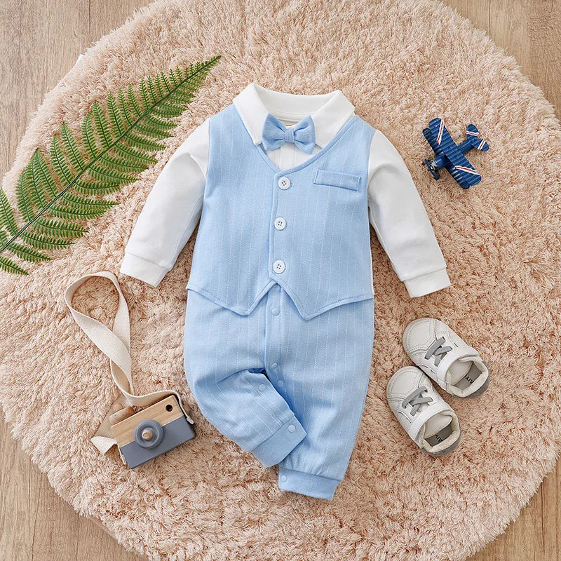 Blue Gentleman Baby Boy Romper with Bow Tie (0–12M)    Mimou Babywear