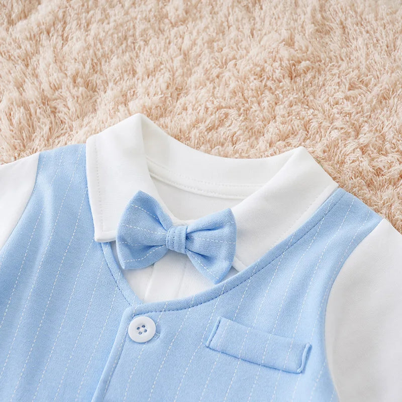 Blue Gentleman Baby Boy Romper with Bow Tie (0–12M)    Mimou Babywear