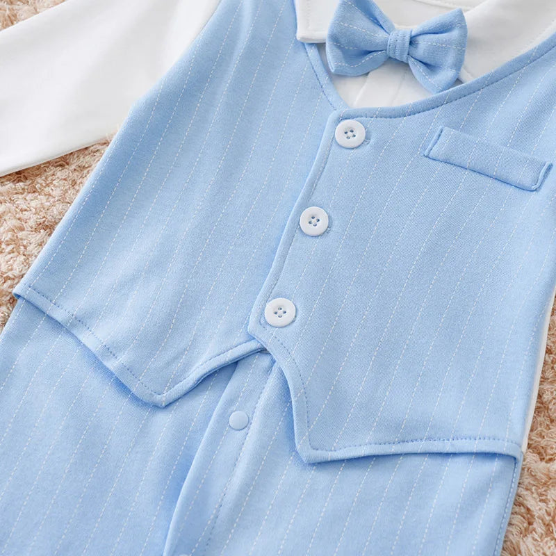 Blue Gentleman Baby Boy Romper with Bow Tie (0–12M)    Mimou Babywear