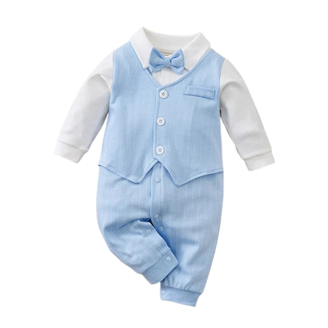 Blue Gentleman Baby Boy Romper with Bow Tie (0–12M)