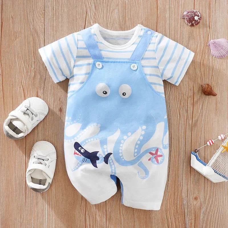 Blue Octopus Baby Romper Outfit with Striped Tee (0–18M)    Mimou Babywear