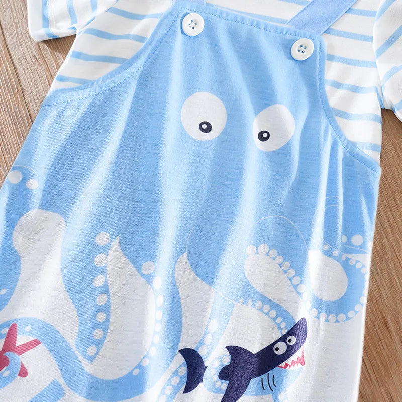 Blue Octopus Baby Romper Outfit with Striped Tee (0–18M)    Mimou Babywear