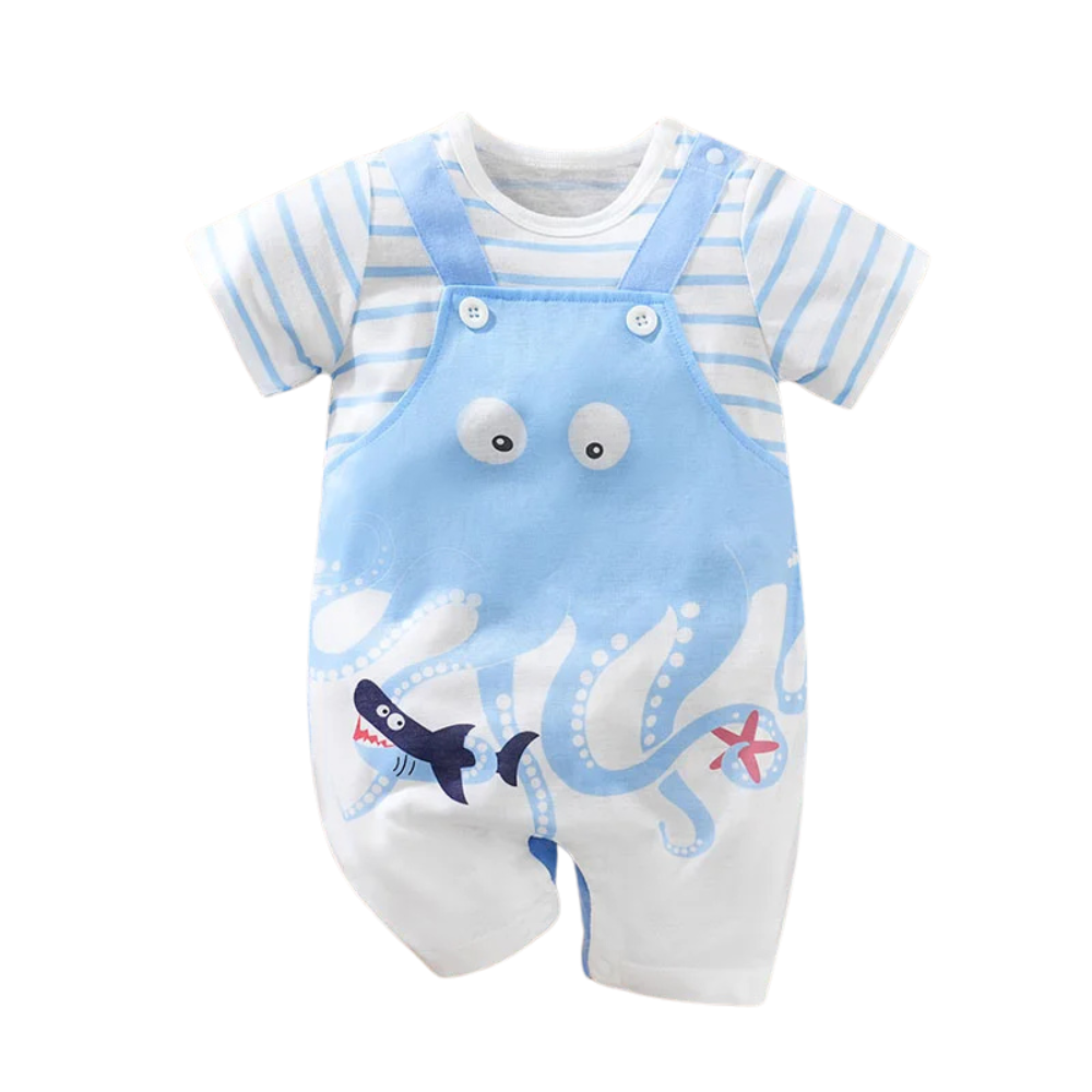 Blue Octopus Baby Romper Outfit with Striped Tee (0–18M)    Mimou Babywear