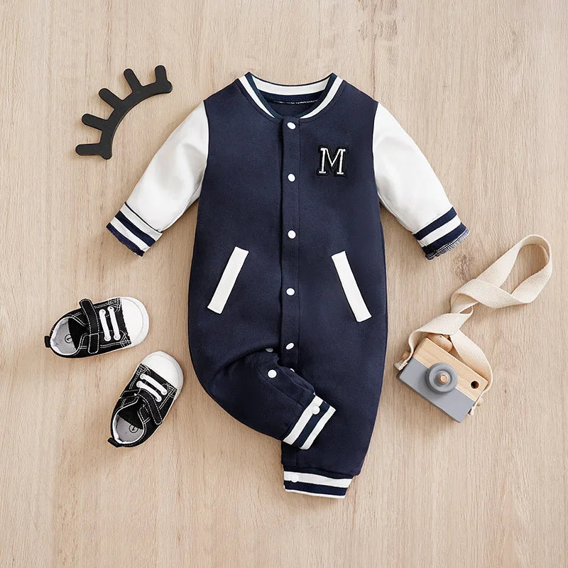Blue Varsity-Style Baby Romper in Soft Cotton (0–12M)    Mimou Babywear