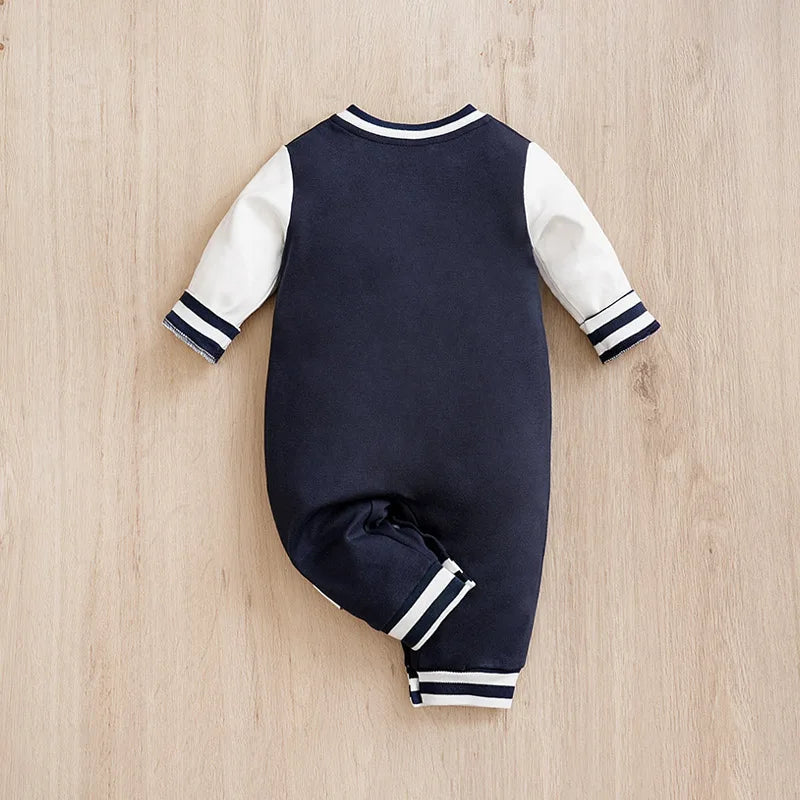 Blue Varsity-Style Baby Romper in Soft Cotton (0–12M)    Mimou Babywear