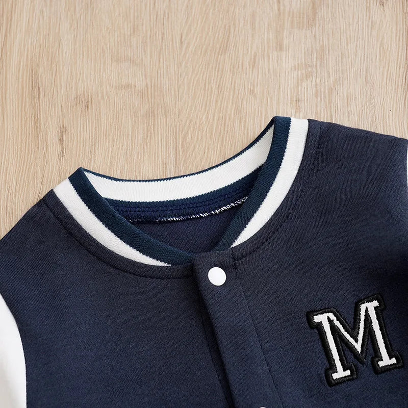 Blue Varsity-Style Baby Romper in Soft Cotton (0–12M)    Mimou Babywear