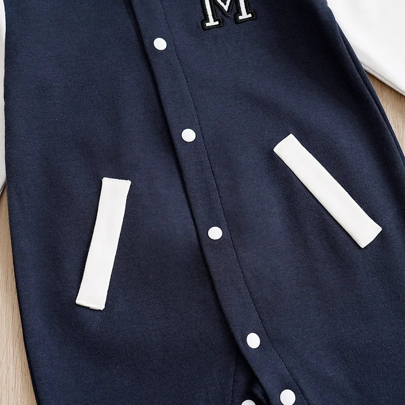 Blue Varsity-Style Baby Romper in Soft Cotton (0–12M)    Mimou Babywear