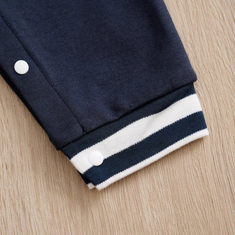 Blue Varsity-Style Baby Romper in Soft Cotton (0–12M)    Mimou Babywear