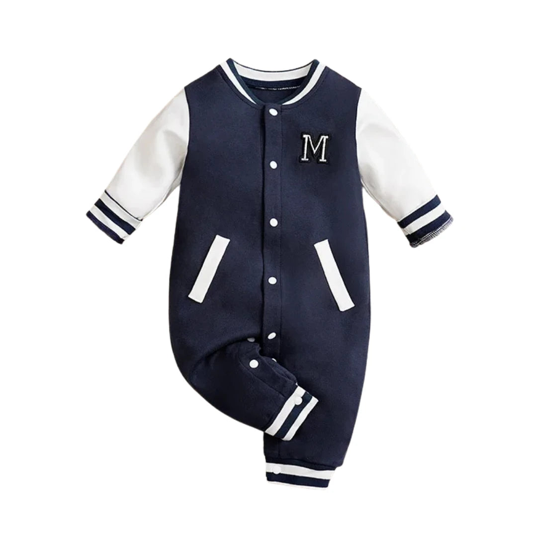 Blue Varsity-Style Baby Romper in Soft Cotton (0–12M)    Mimou Babywear