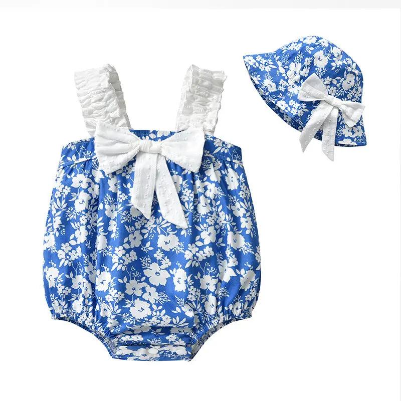 Blue & White Porcelain Baby Romper – Sleeveless Cotton Bow Bodysuit for Girls    Mimou Babywear