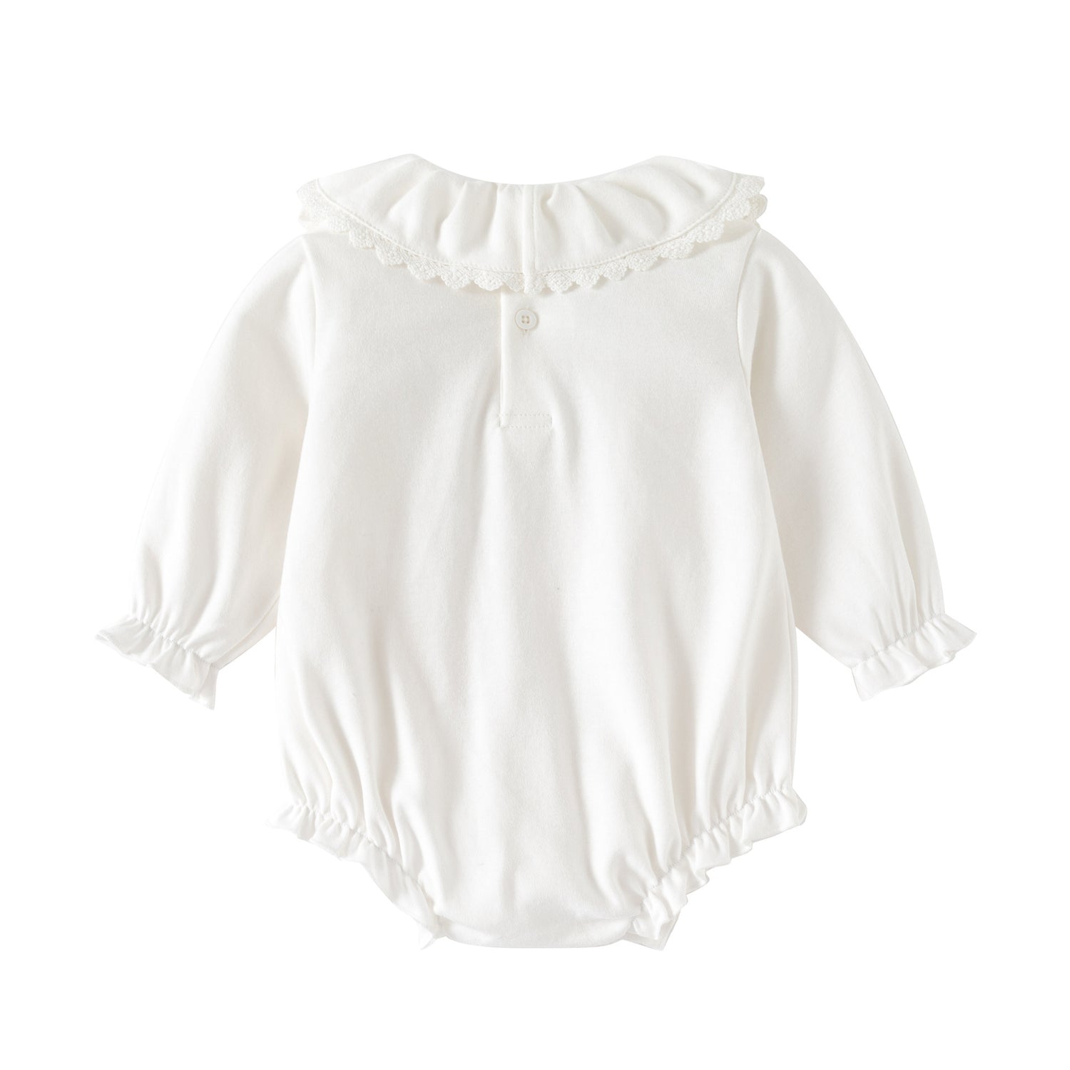 Ivory Lace Ruffle Collar Romper – Vintage Boho Bubble Bodysuit (0–24M)