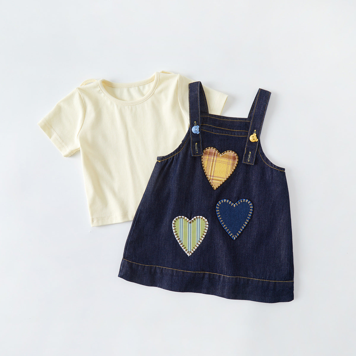 Denim Heart Patch Overall Dress & Ivory Tee Two-Piece Set