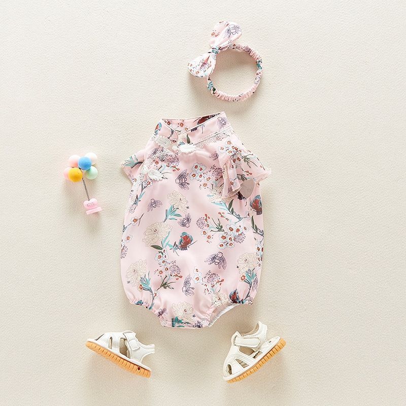 Peony Garden Bubble Romper – Stand Collar Flutter Sleeve Bodysuit with Hair Flower (0–12M)