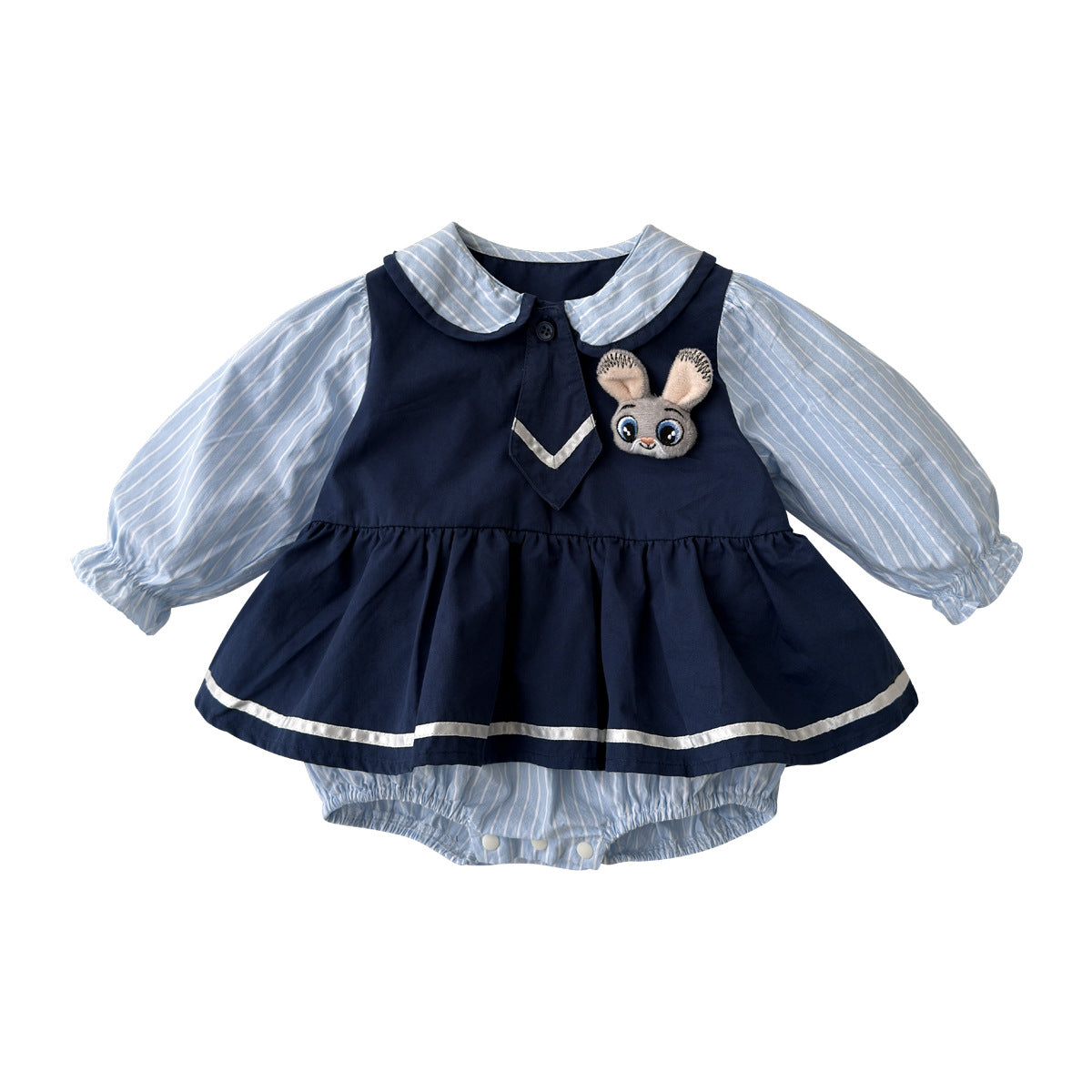 Bunny Patch Peter Pan Collar Dress Romper – Striped Sleeve Baby Girl Outfit (3–24M)