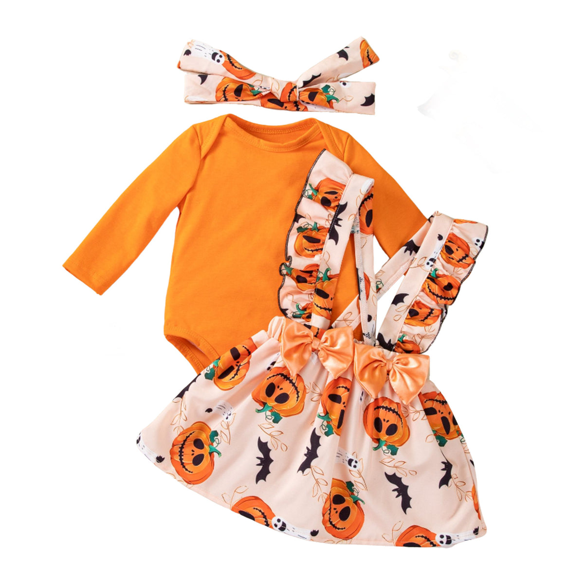 Ensemble robe d'Halloween pour bébé fille, body à manches longues avec citrouille à volants