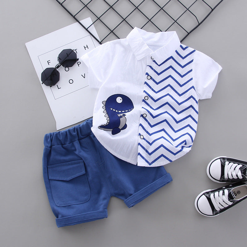 Little Dino Chevron Shirt & Cargo Shorts Set – Button Collar Summer Set (9–36M)    Mimou Babywear