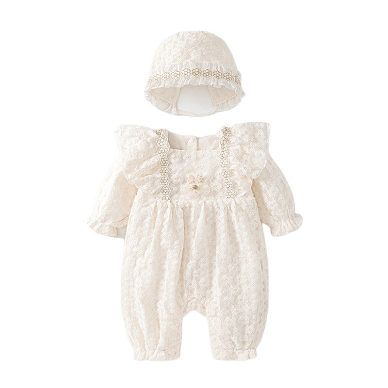 Elfenbeinfarbenes Spitzenblumen-Strampler- und Häubchen-Set – Prinzessinnen-Bodysuit mit Flügelärmeln (0–12M)