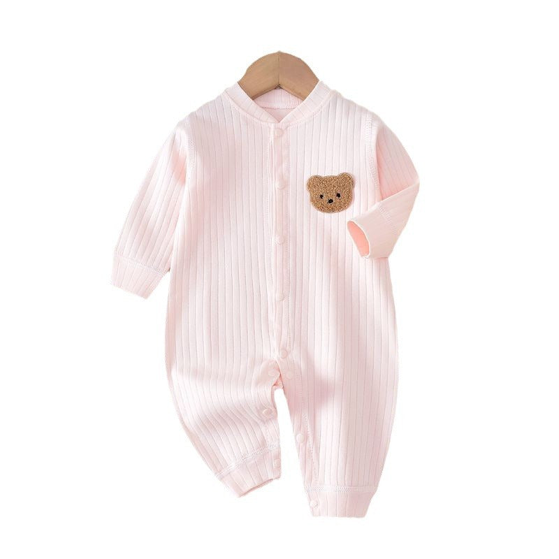 Pink Ribbed Bear Patch Romper – Long Sleeve Snap Bodysuit (0–24M)