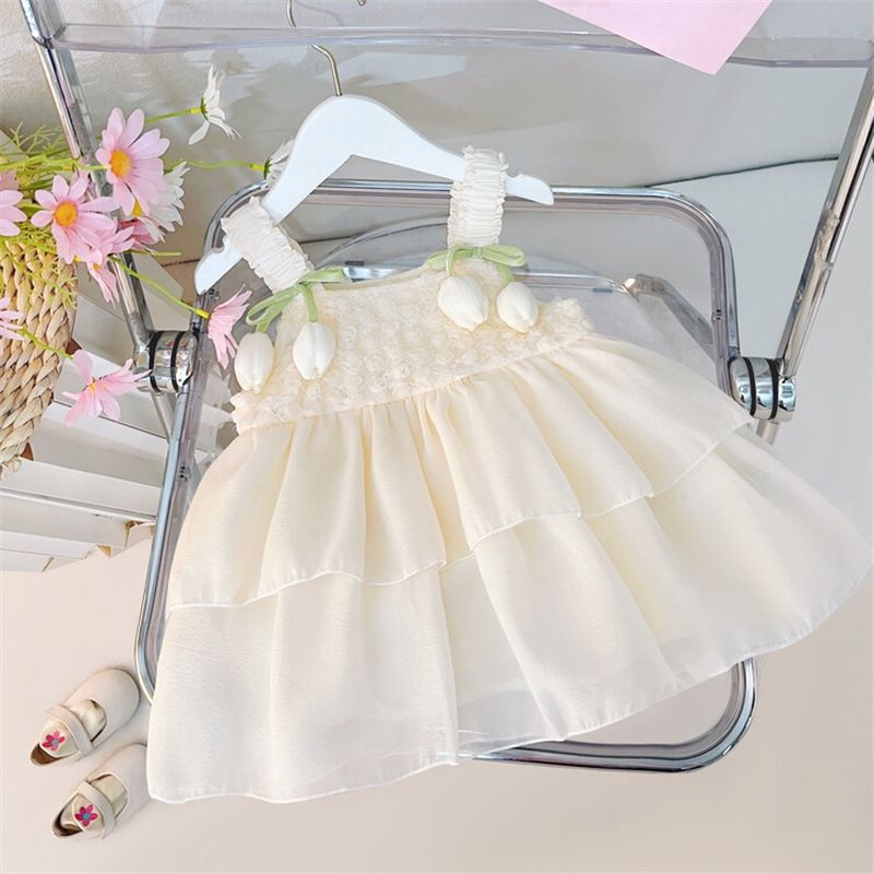 Elfenbeinfarbenes Tüllkleid mit Tulpen-Trägern und Lagen – ärmelloses Sommerkleid für Babys (0–12M)