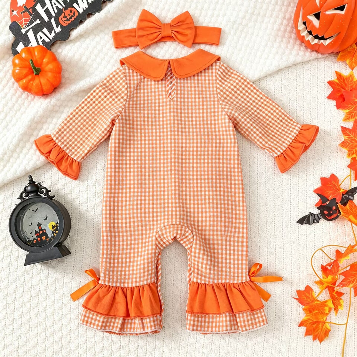 Orange Gingham Pumpkin Smocked Romper (0–18M)