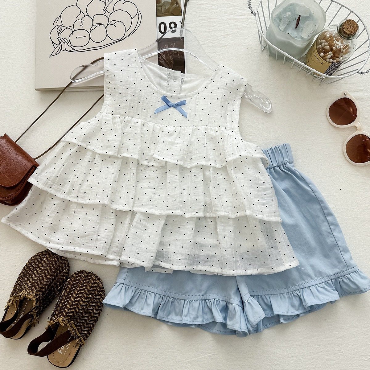 Polka Dot Tiered Ruffle Top & Blue Shorts Set – Sleeveless Cake Top (12M–3Y)