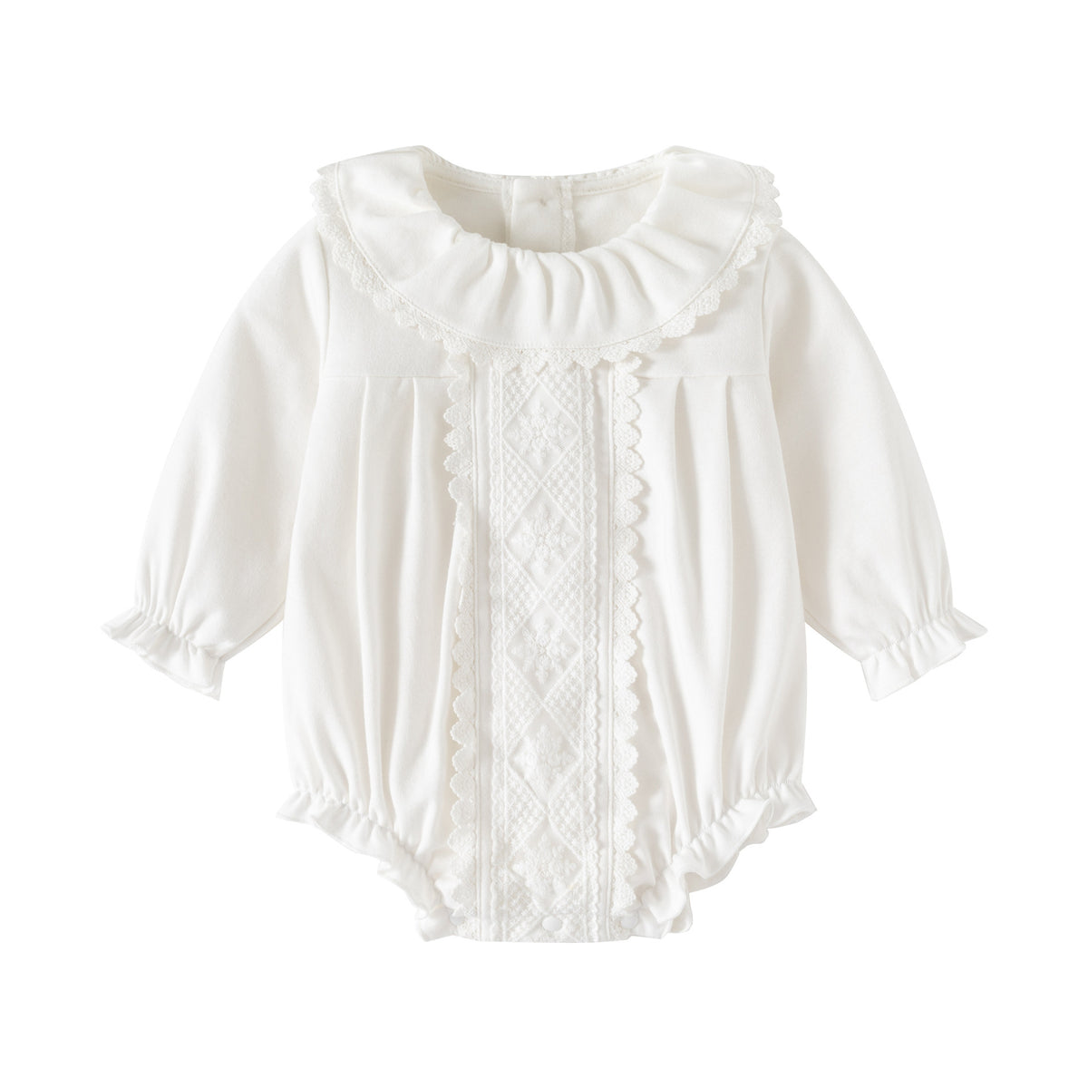 Ivory Lace Ruffle Collar Romper – Vintage Boho Bubble Bodysuit (0–24M)