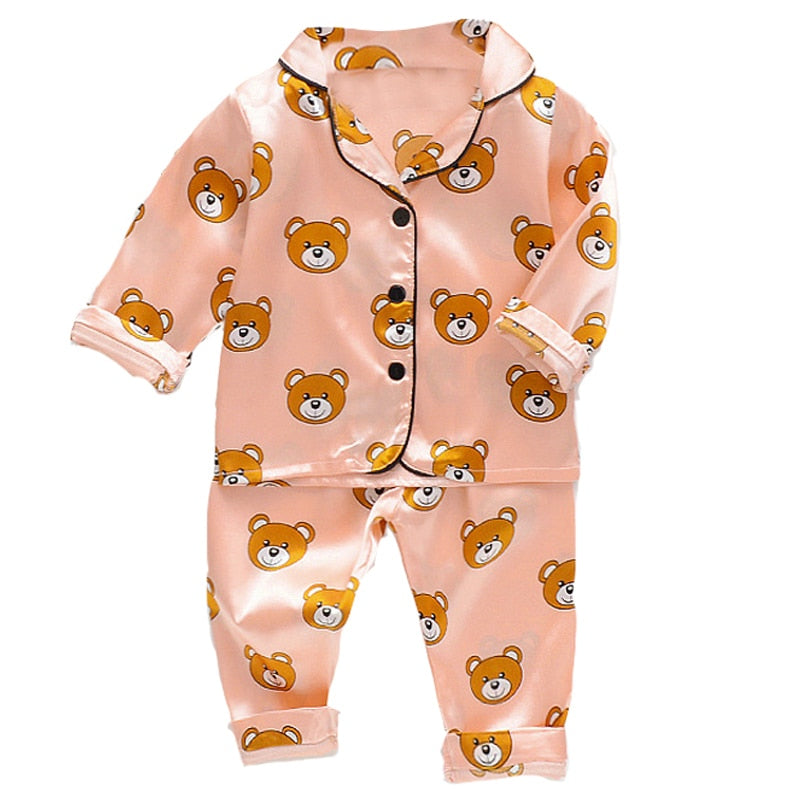 Silky Bear & Leopard Pajama Set – Ice Satin Sleepwear for Toddlers | Mimou   Peach Bear / 3T Mimou Babywear