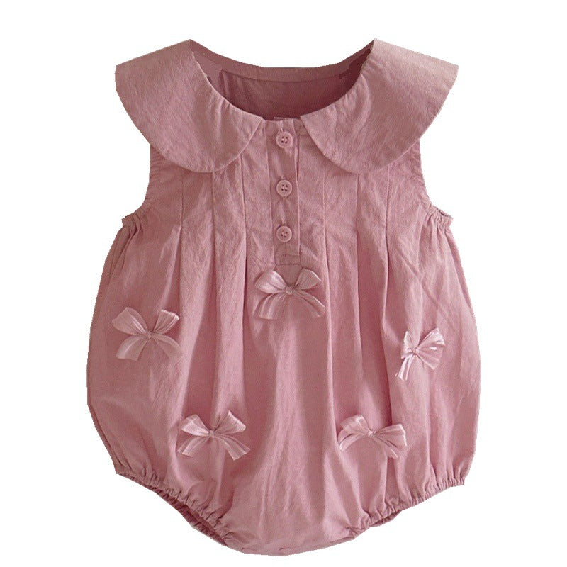 Pink Peter Pan Collar Bow Romper – Sleeveless Cotton Baby Girl Bodysuit (0–12M)