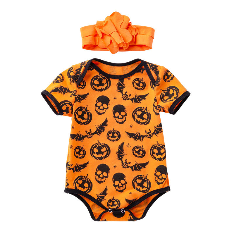 Halloween Skull & Pumpkin Print Romper & Headband Set – Short Sleeve Baby Girl Outfit (0–24M)