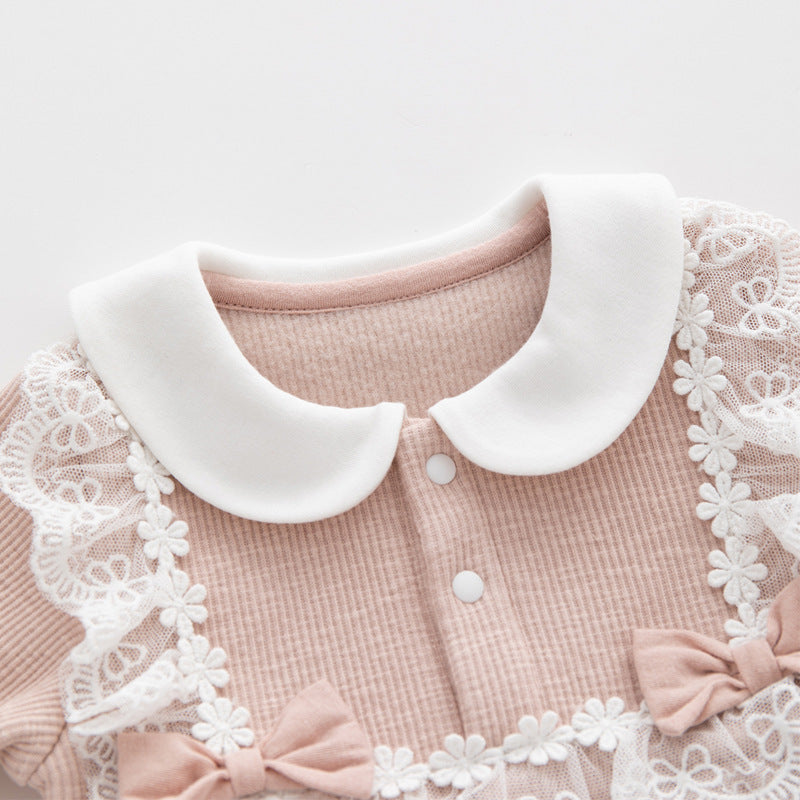 Pink Lace Bib Collar Sleepsuit & Bonnet Set – Long Sleeve Ribbed Romper (0–12M)