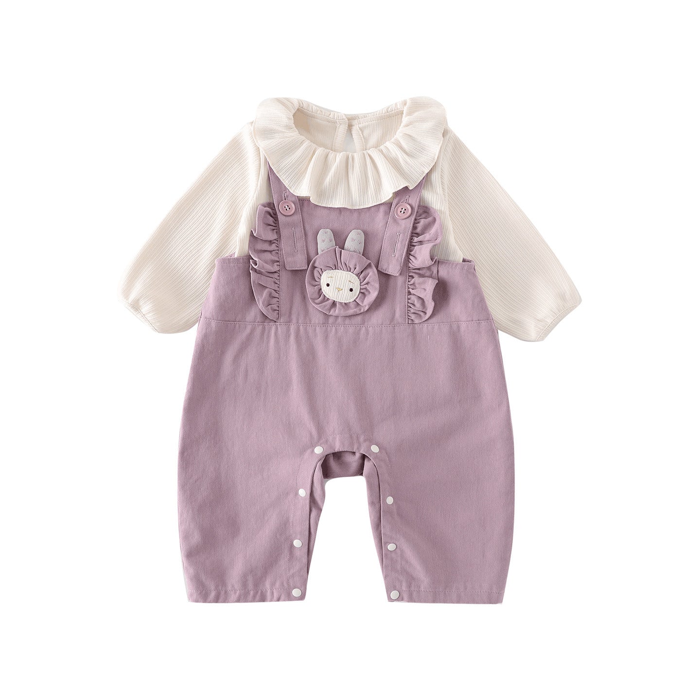 Lavender Bunny Dungaree Set – Ruffle Collar Top & Overalls Two-Piece (3M–2Y)