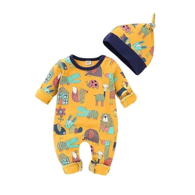 Cartoon Print Romper & Cap (2-Piece, 0-12M)   Yellow / 18M Mimou Babywear