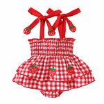Strawberry Gingham Smocked Romper – Tie-Strap Dress with Ruffle Skirt (0–18M)    Mimou Babywear