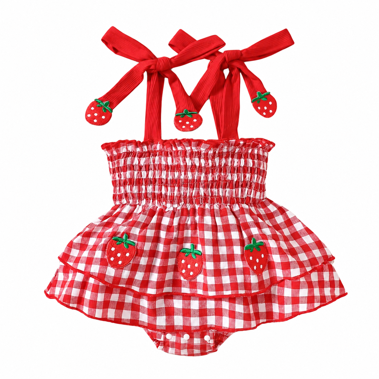 Strawberry Gingham Smocked Romper – Tie-Strap Dress with Ruffle Skirt (0–18M)    Mimou Babywear