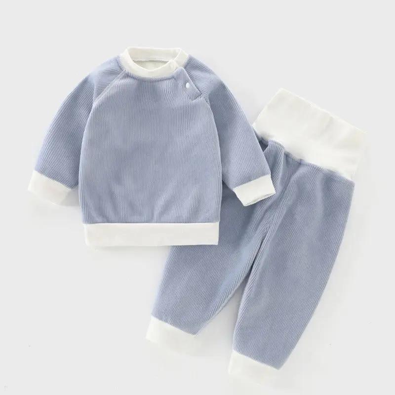 Children's Autumn And Winter Warm Suit Baby Spring And Autumn Plus Fleece Outer Wear Tops Pants Men And Women Baby Two Sets   Blue / 100