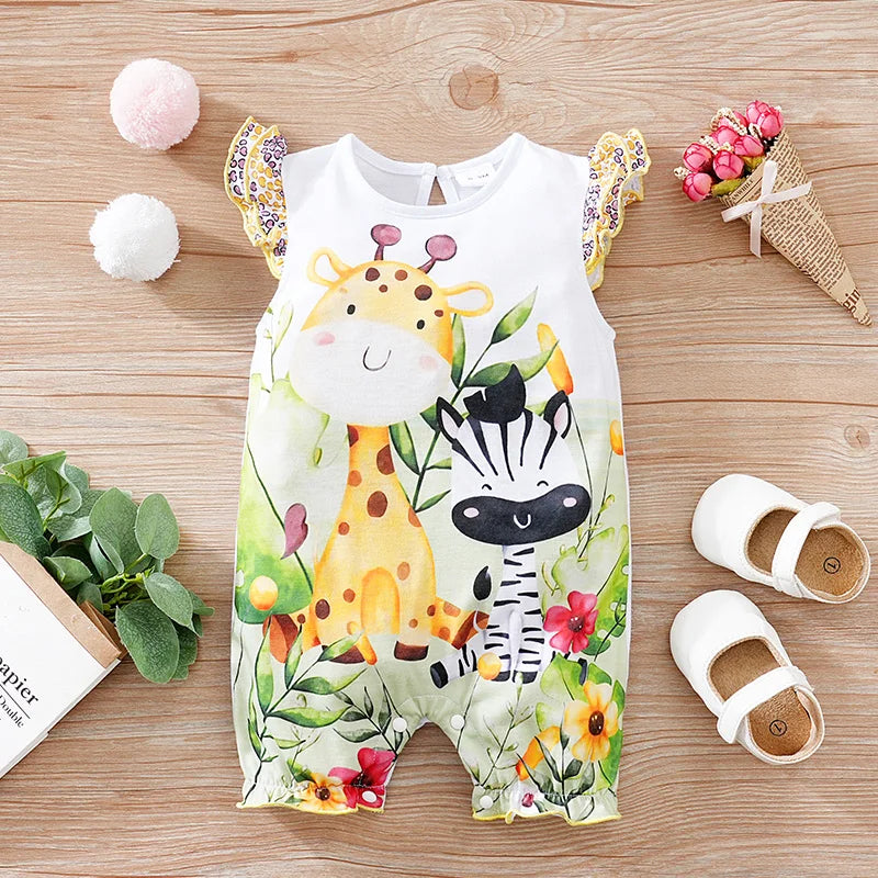 Colorful Jungle Baby Girl Romper with Giraffe & Zebra Print (0–18M)    Mimou Babywear