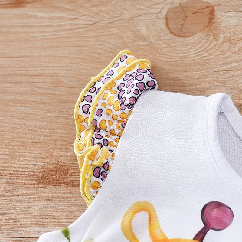 Colorful Jungle Baby Girl Romper with Giraffe & Zebra Print (0–18M)    Mimou Babywear