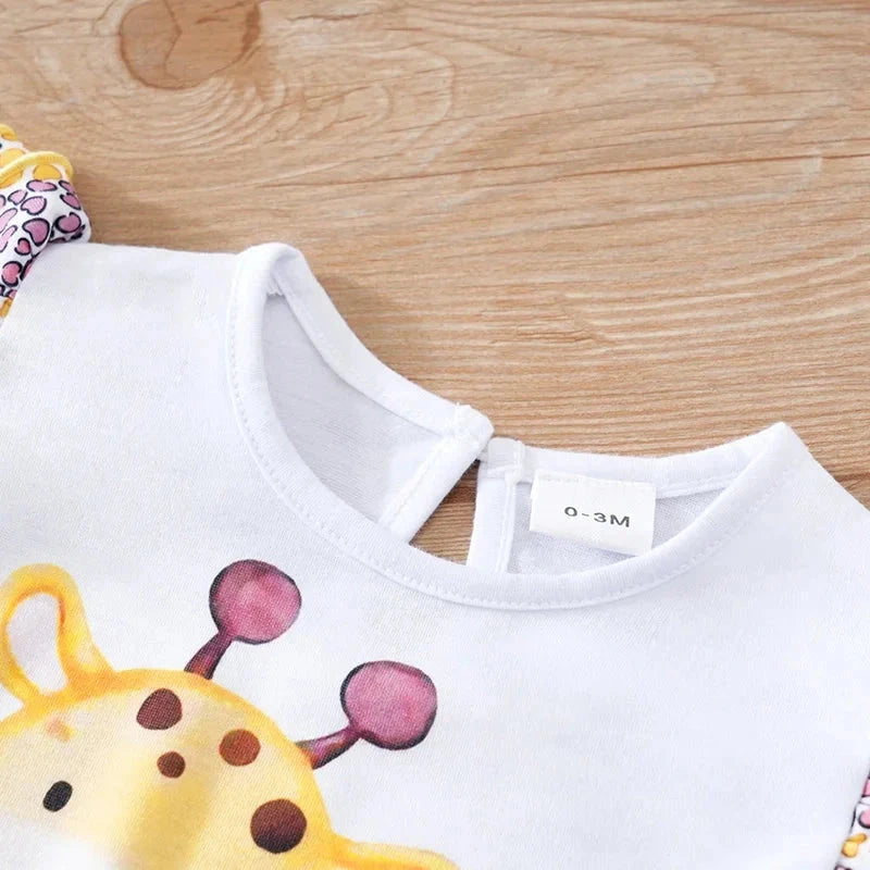 Colorful Jungle Baby Girl Romper with Giraffe & Zebra Print (0–18M)    Mimou Babywear