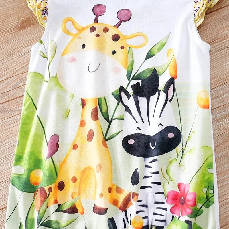 Colorful Jungle Baby Girl Romper with Giraffe & Zebra Print (0–18M)    Mimou Babywear
