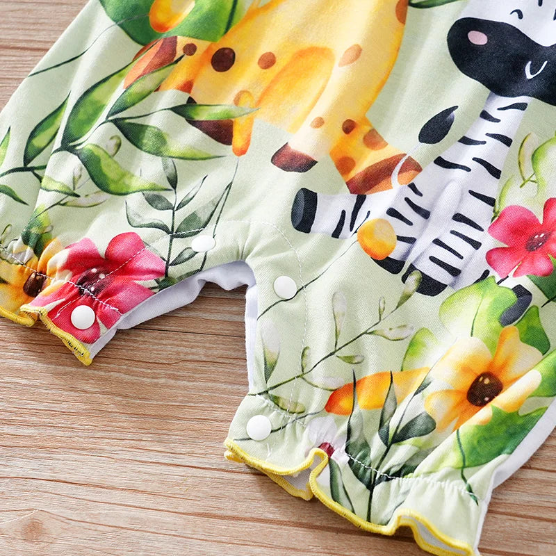 Colorful Jungle Baby Girl Romper with Giraffe & Zebra Print (0–18M)    Mimou Babywear