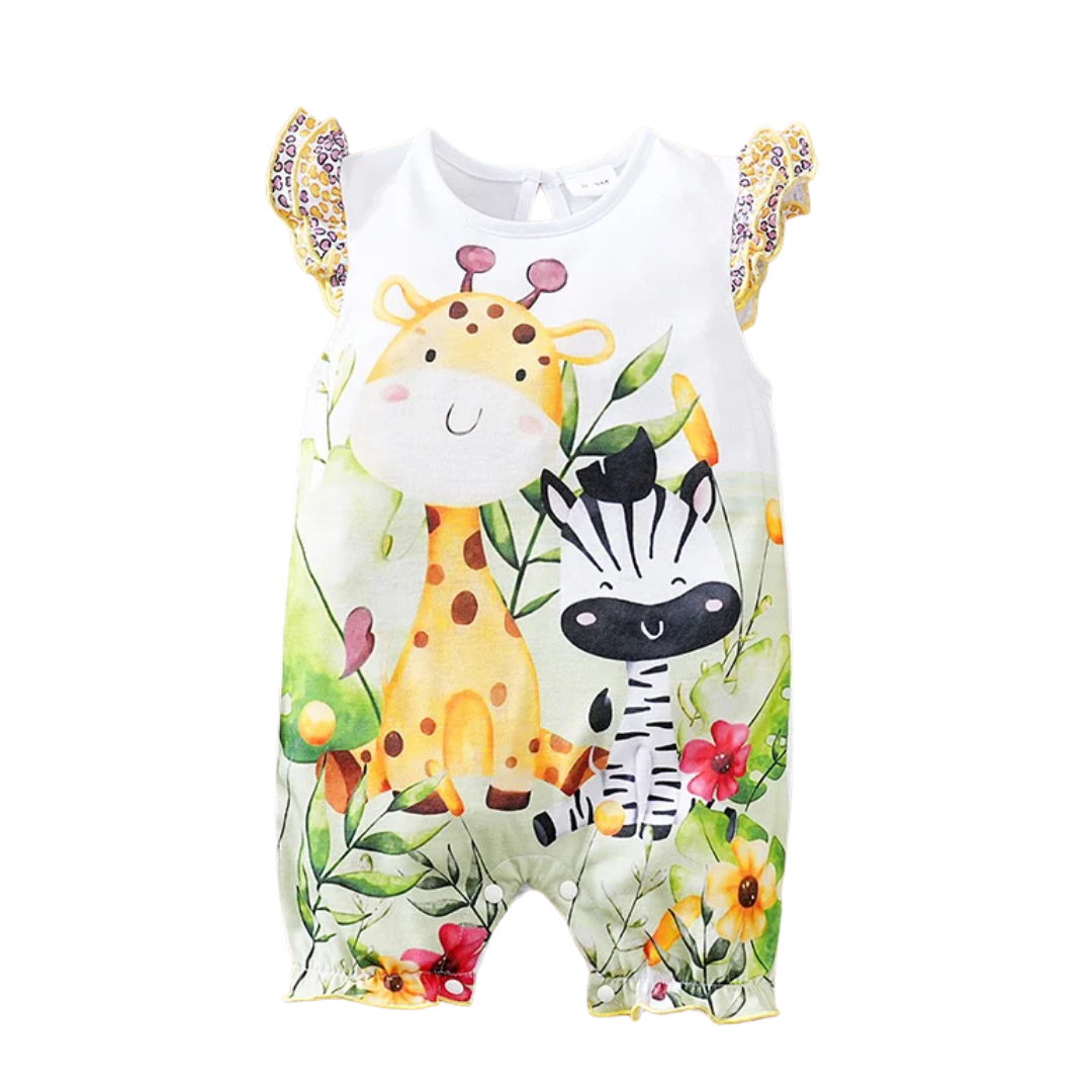 Colorful Jungle Baby Girl Romper with Giraffe & Zebra Print (0–18M)    Mimou Babywear