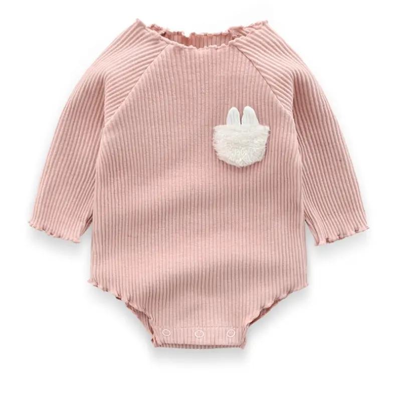Cotton Long-Sleeve Baby Bodysuit – Soft Triangle Romper with Bunny Pocket    Mimou Babywear
