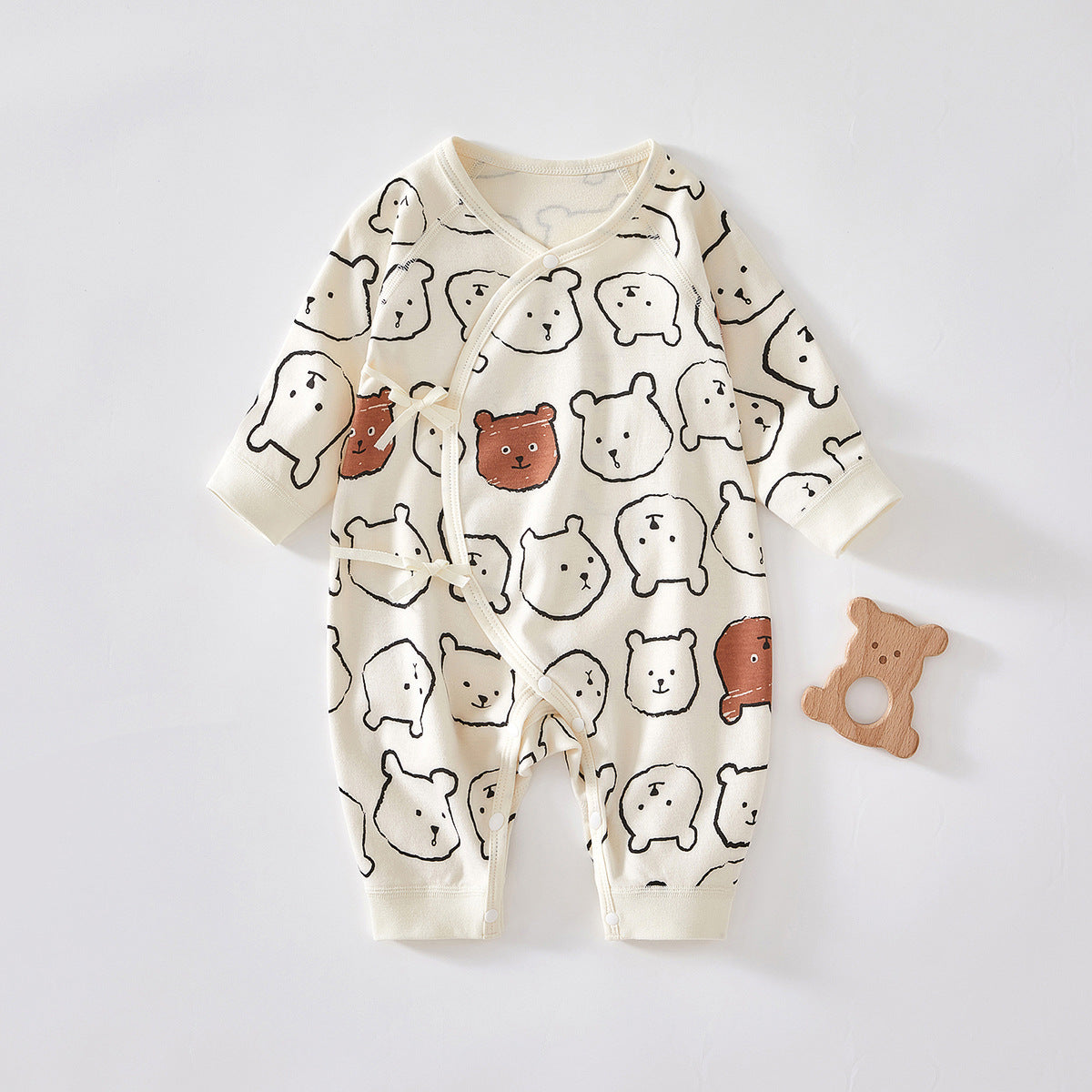 Cotton Monk-Style Romper – Tie Placket Newborn Jumpsuit   Bear Coffee Color / 66cm Mimou Babywear