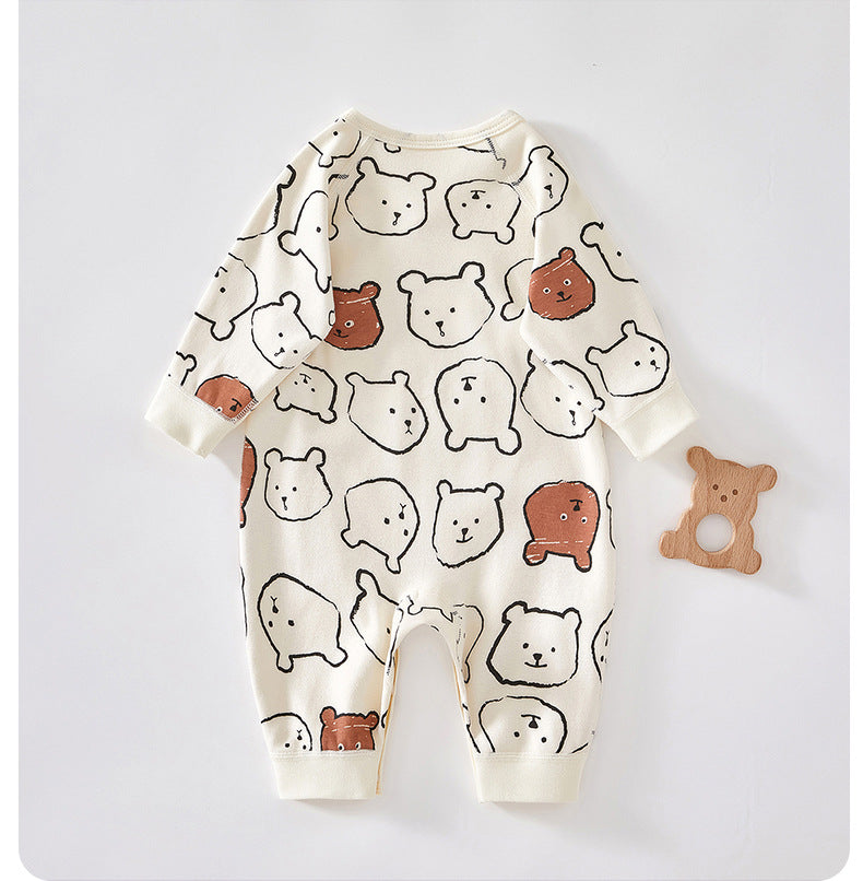 Cotton Monk-Style Romper – Tie Placket Newborn Jumpsuit    Mimou Babywear