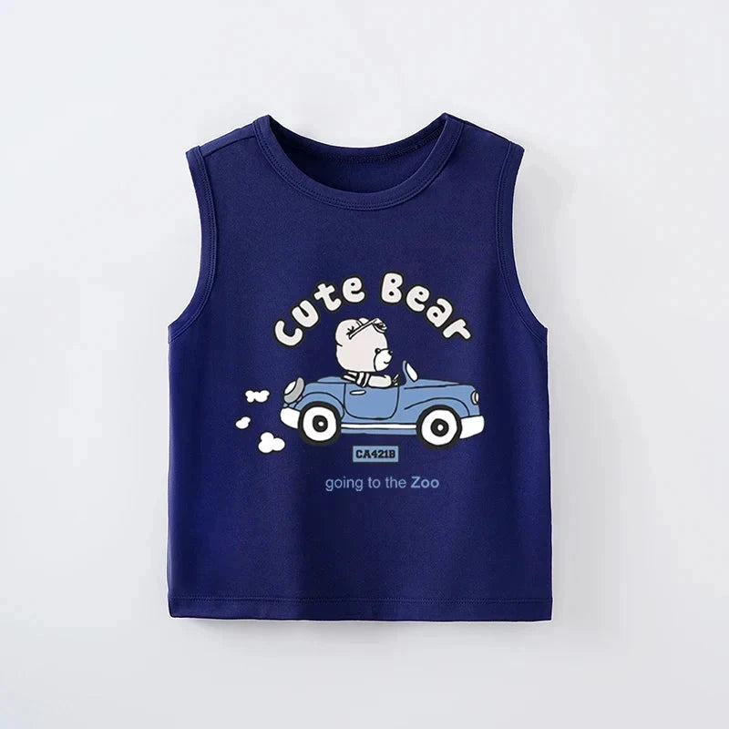 Cute Bear Going to the Zoo" Kids Sleeveless Vest – Soft Cotton Tank Top (6–36M)    Mimou Babywear
