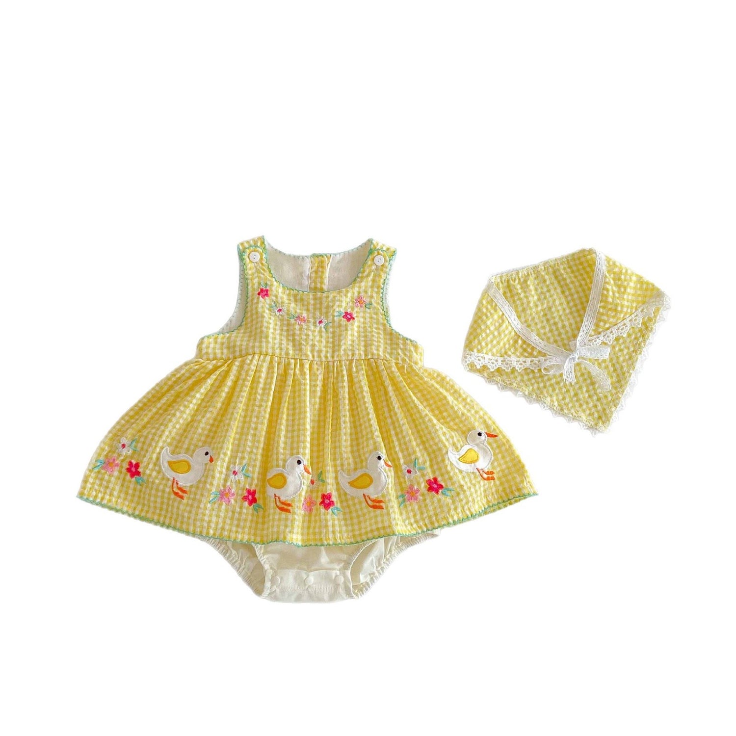 Gelbes Gingham-Enten-Stramplerkleid & Hauben-Set – Bestickter ärmelloser Body (0–18 Monate)