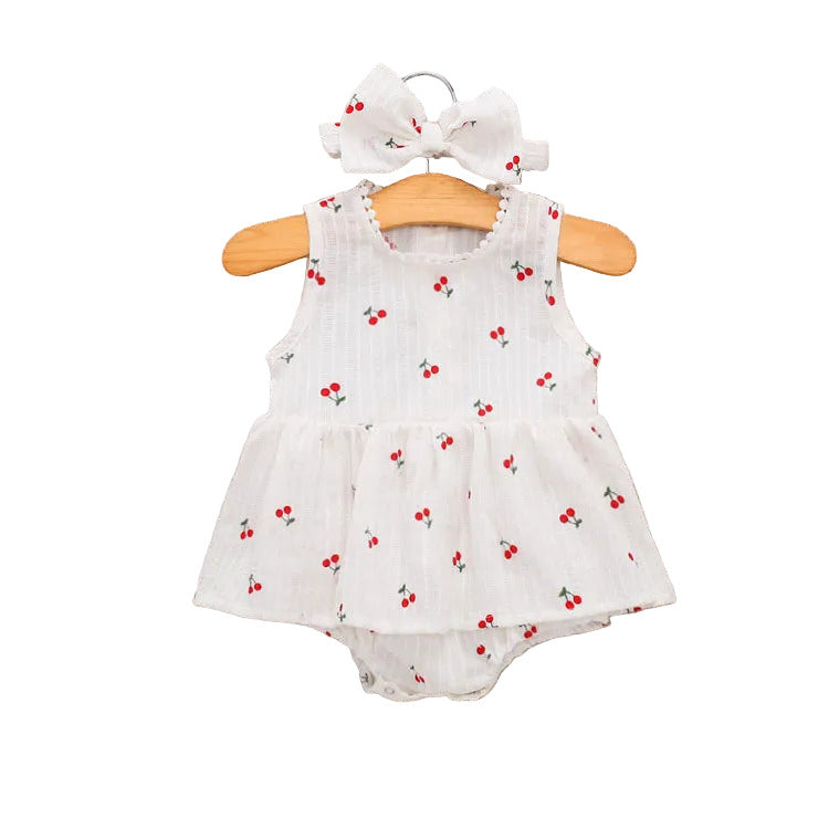 Cherry Print Muslin Romper Dress & Bow Headband Set – Sleeveless Ruffle Bodysuit (0–18M)